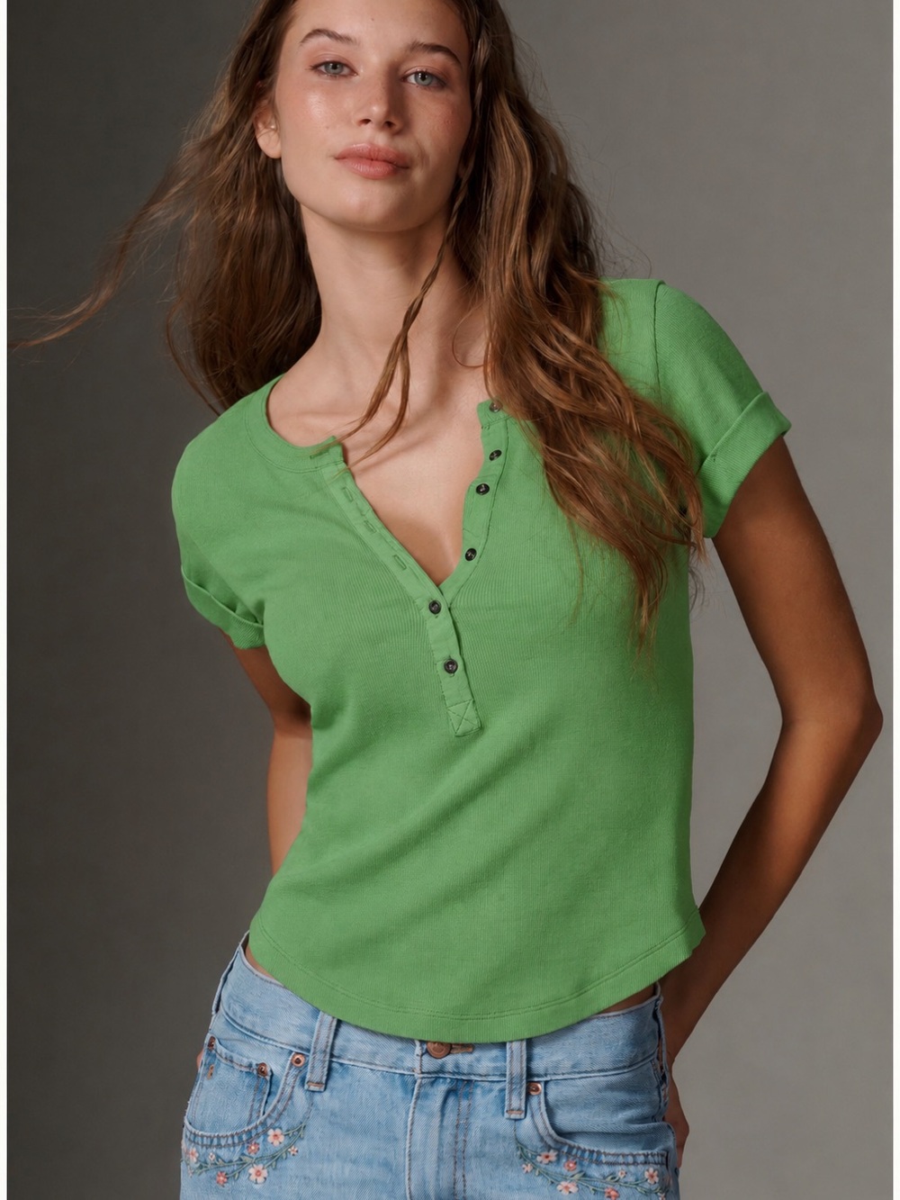 Pilcro Andie Ribbed Henley - Bright Green